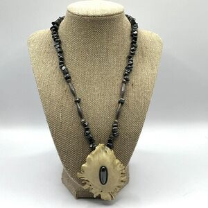 Vintage Crazy Bones 1986 Hematite & Silver Bead Antler Amulet‎ Pendant Necklace